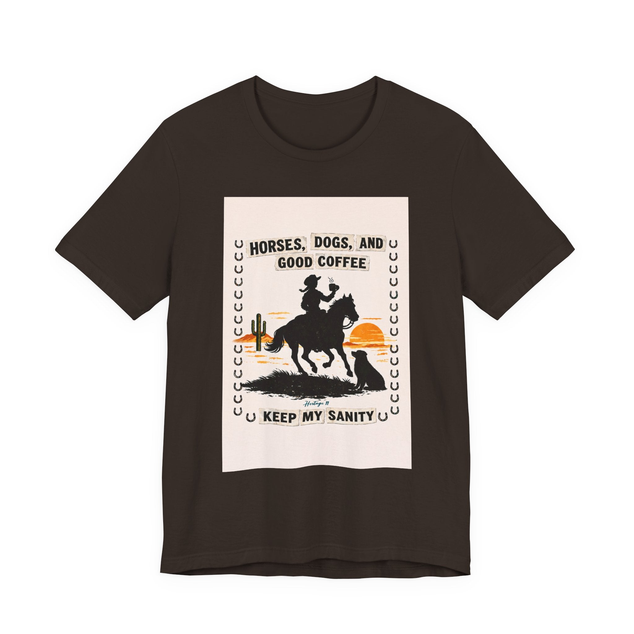 Horse & Coffee Tee — "Horses, Dogs, and Good Coffee Keep My Sanity" Graphic T-Shirt