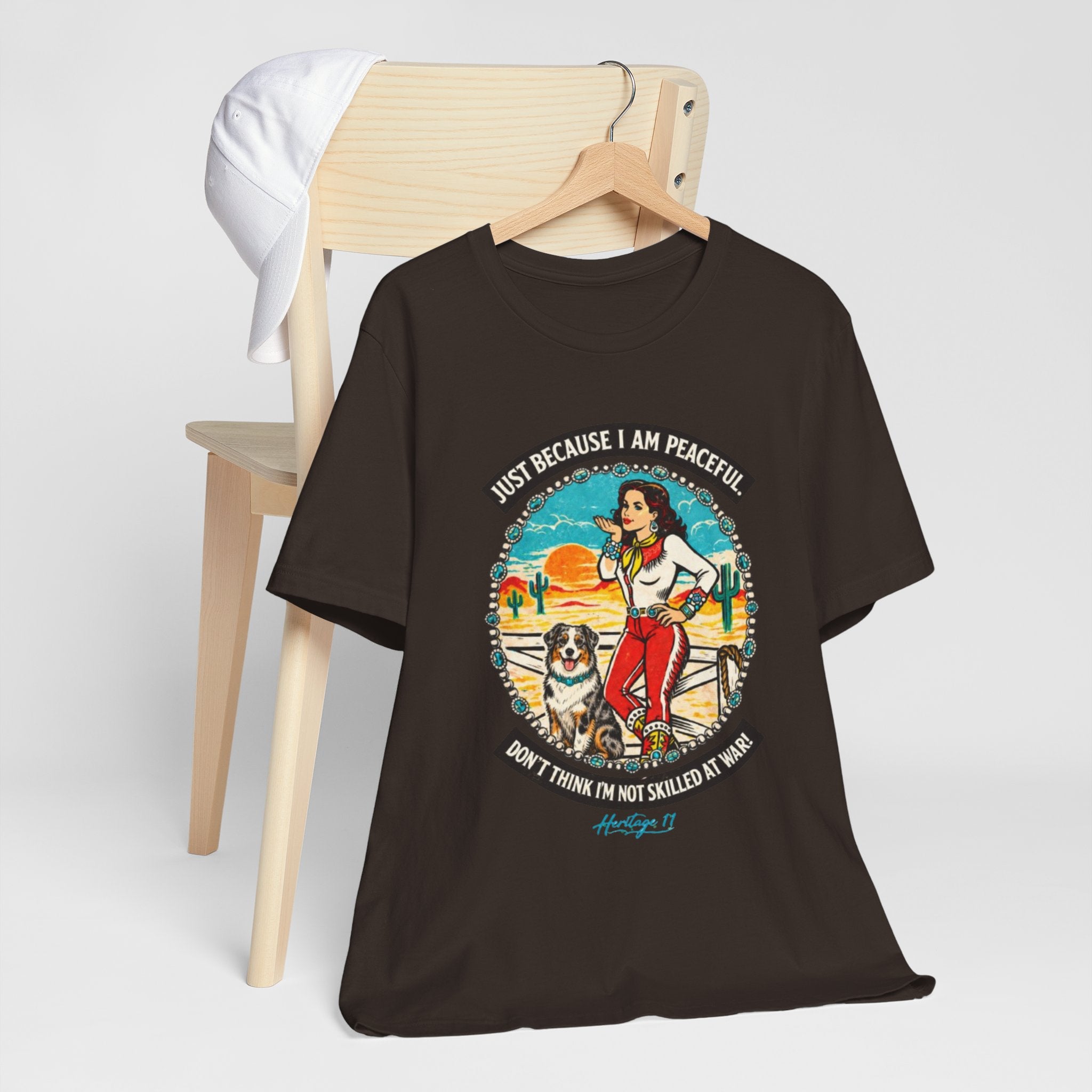 Retro Cowgirl & Aussie Tee — "Just Because I Am Peaceful" Graphic T-Shirt
